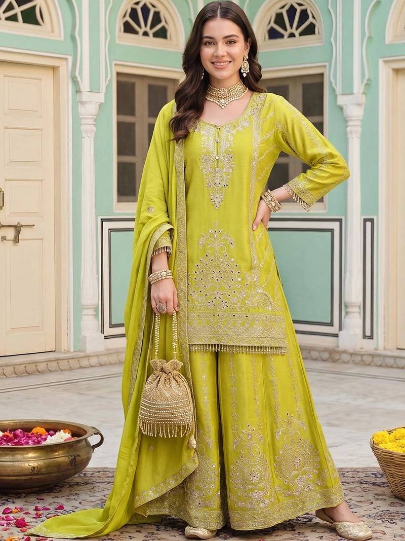women ethnic motifs embroidered regular mirror work kurta with sharara & with dupatta