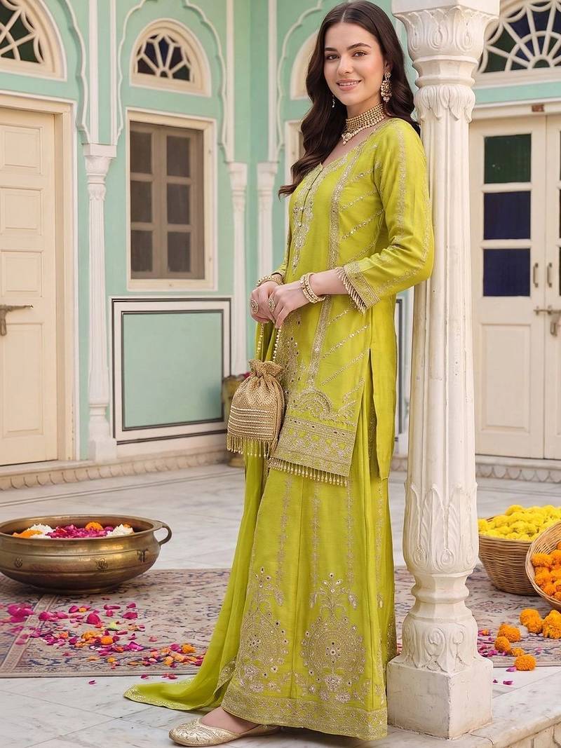 women ethnic motifs embroidered regular mirror work kurta with sharara & with dupatta