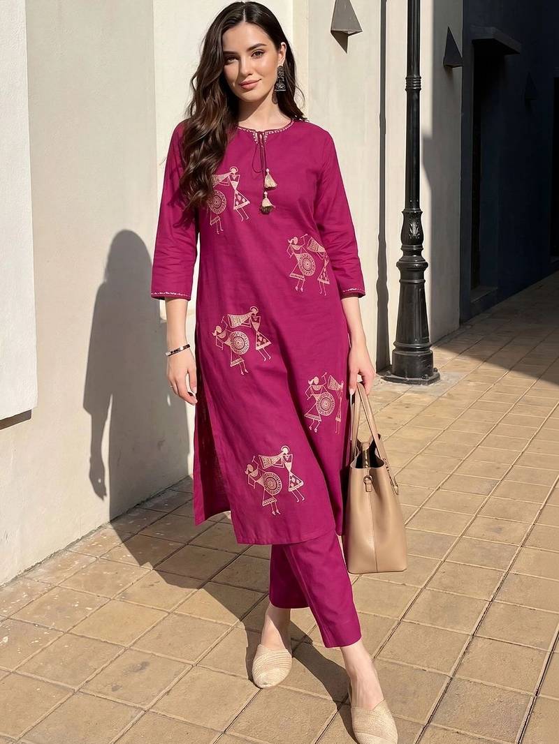 women ethnic motifs printed regular cotton kurta with trousers