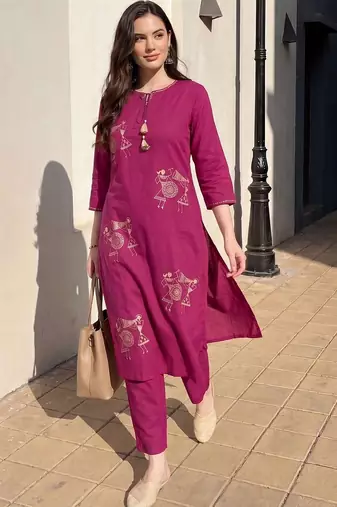 women ethnic motifs printed regular cotton kurta with trousers