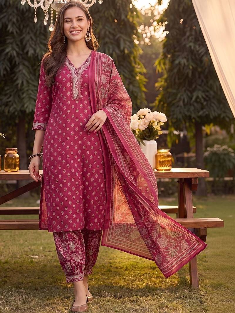 women ethnic motifs printed regular thread work cotton kurta with patiala & with dupatta