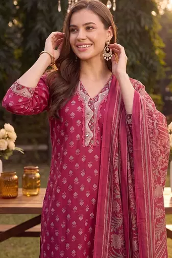 women ethnic motifs printed regular thread work cotton kurta with patiala & with dupatta