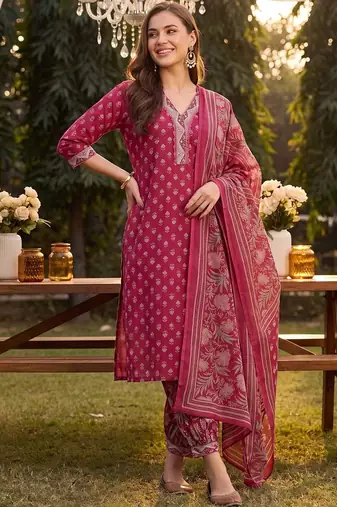 women ethnic motifs printed regular thread work cotton kurta with patiala & with dupatta