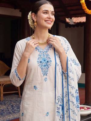 women floral embroidered regular thread work cotton kurta with trousers & with dupatta 2
