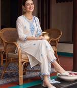 women floral embroidered regular thread work cotton kurta with trousers & with dupatta