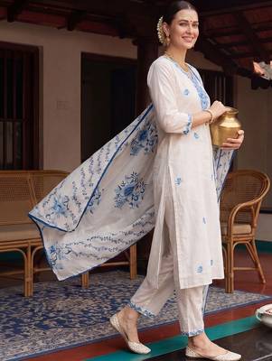 women floral embroidered regular thread work cotton kurta with trousers & with dupatta 4