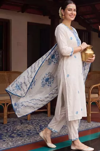 women floral embroidered regular thread work cotton kurta with trousers & with dupatta