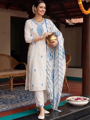 women floral embroidered regular thread work cotton kurta with trousers & with dupatta 5