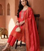 women ethnic motifs embroidered regular thread work kurta with trousers & with dupatta