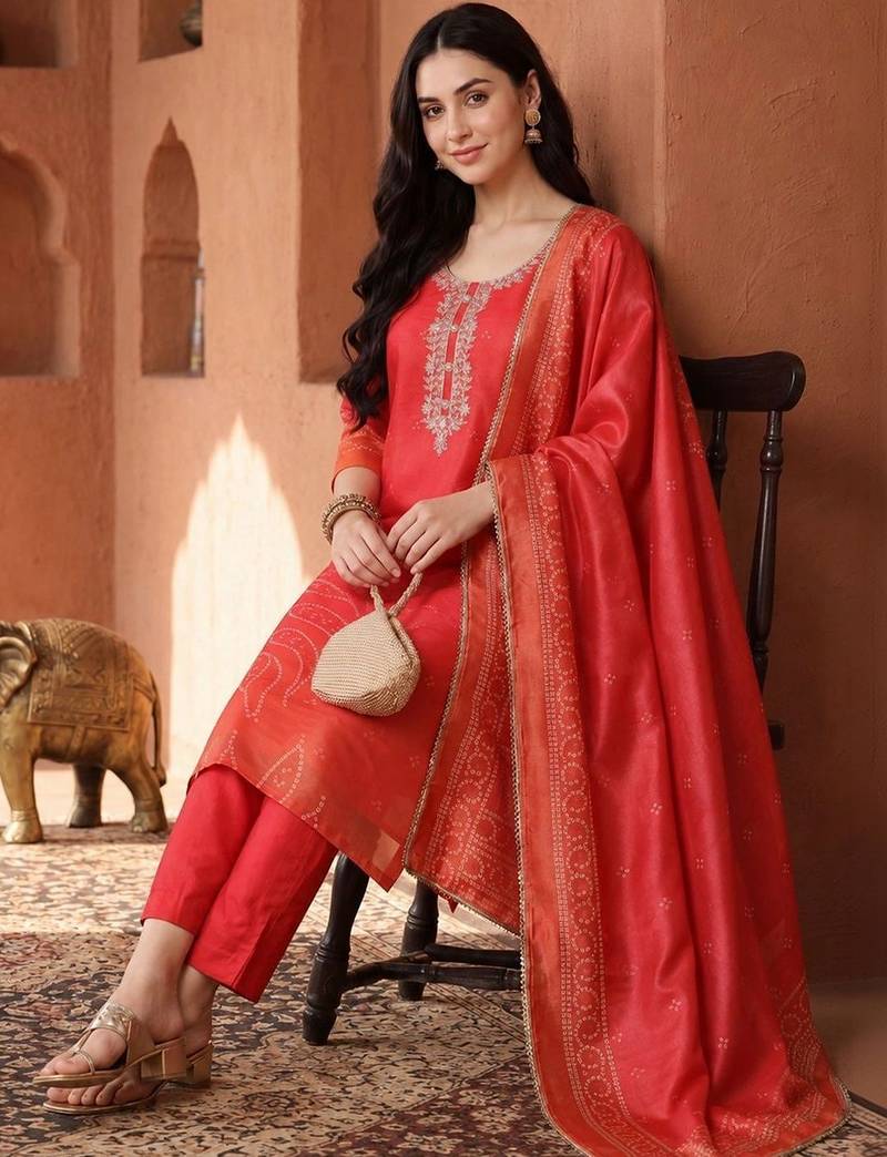 women ethnic motifs embroidered regular thread work kurta with trousers & with dupatta