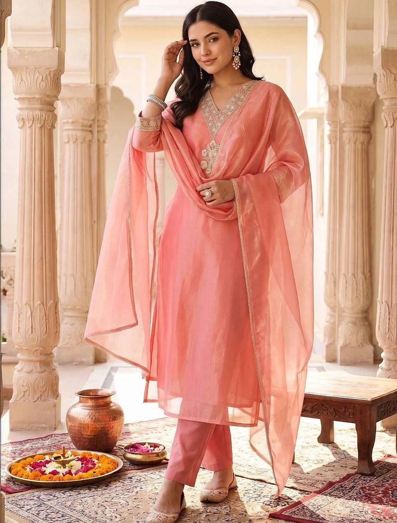 women ethnic motifs embroidered regular kurta with trousers & with dupatta