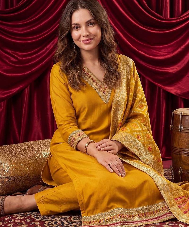 women ethnic motifs regular kurta with trousers & with dupatta