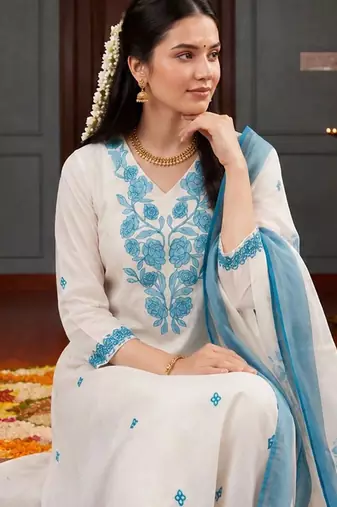 women ethnic motifs embroidered regular thread work kurta with palazzos & with dupatta