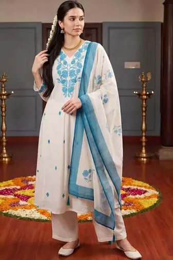 women ethnic motifs embroidered regular thread work kurta with palazzos & with dupatta