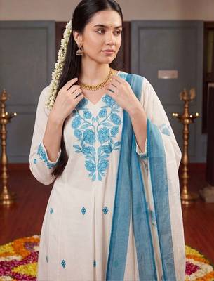 women ethnic motifs embroidered regular thread work kurta with palazzos & with dupatta 5