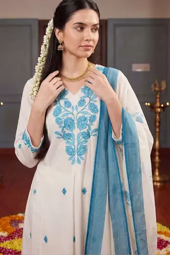 women ethnic motifs embroidered regular thread work kurta with palazzos & with dupatta