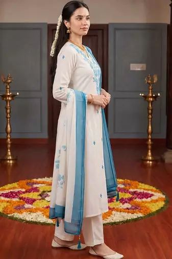 women ethnic motifs embroidered regular thread work kurta with palazzos & with dupatta