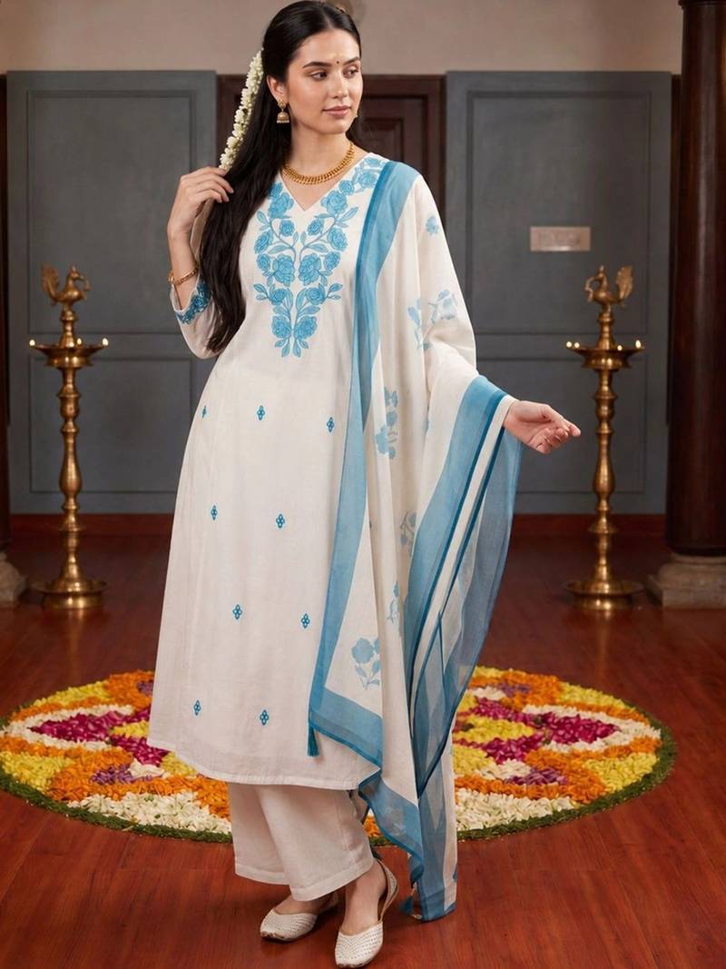 women ethnic motifs embroidered regular thread work kurta with palazzos & with dupatta