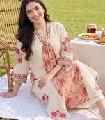 women floral printed regular cotton kurta with trousers & with dupatta