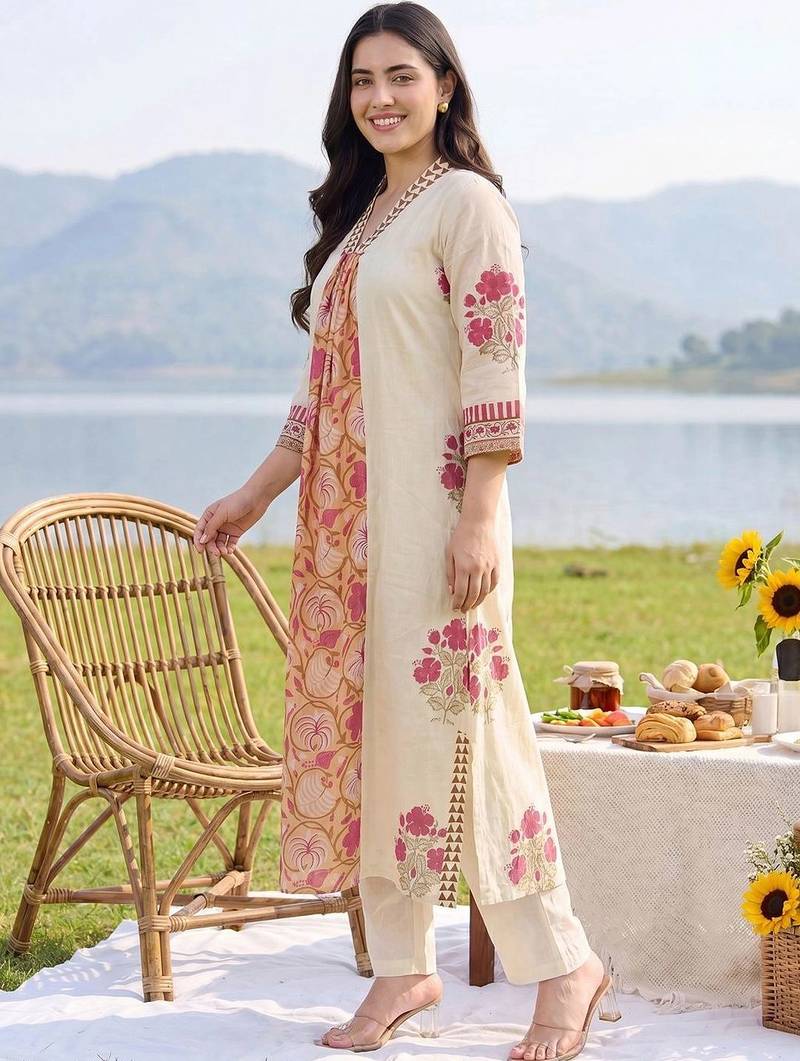 women floral printed regular cotton kurta with trousers & with dupatta