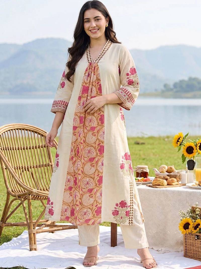 women floral printed regular cotton kurta with trousers & with dupatta