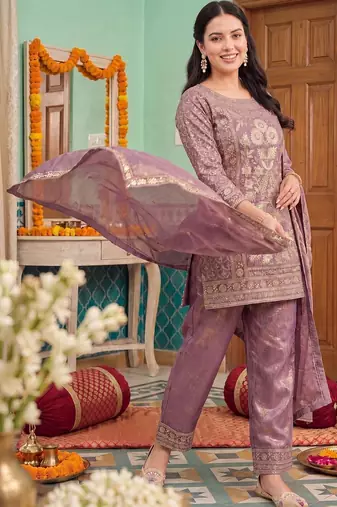 women ethnic motifs regular kurta with trousers & with dupatta