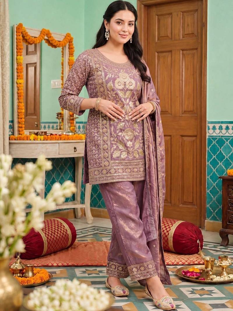women ethnic motifs regular kurta with trousers & with dupatta