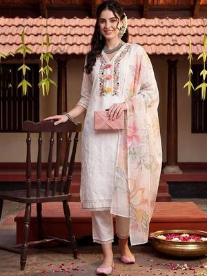 women floral embroidered regular thread work cotton kurta with trousers & with dupatta 1