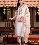 women floral embroidered regular thread work cotton kurta with trousers & with dupatta