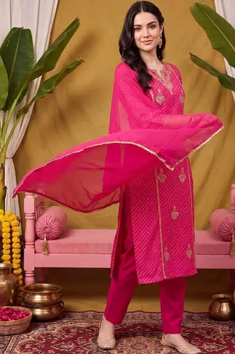 women leheriya printed regular kurta with trousers & with dupatta