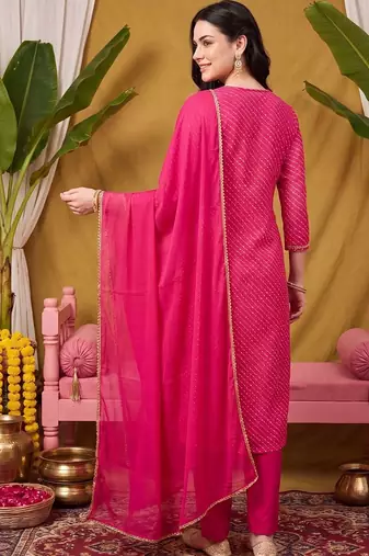 women leheriya printed regular kurta with trousers & with dupatta