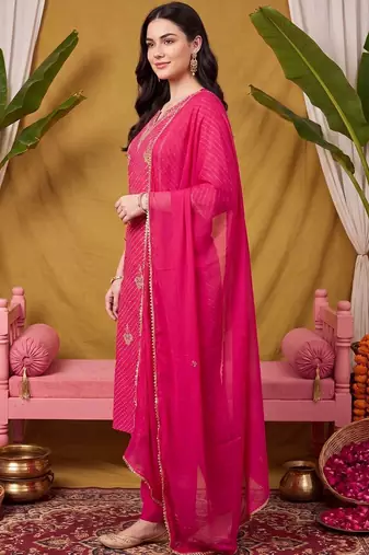 women leheriya printed regular kurta with trousers & with dupatta