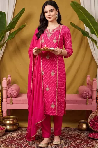 women leheriya printed regular kurta with trousers & with dupatta