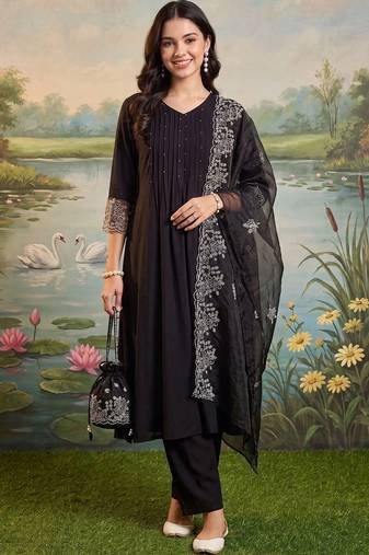 women ethnic motifs regular thread work kurta with trousers & with dupatta
