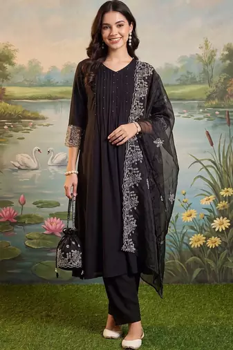 women ethnic motifs regular thread work kurta with trousers & with dupatta