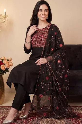 women ethnic motifs embroidered regular thread work kurta with trousers & with dupatta