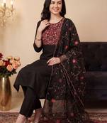women ethnic motifs embroidered regular thread work kurta with trousers & with dupatta