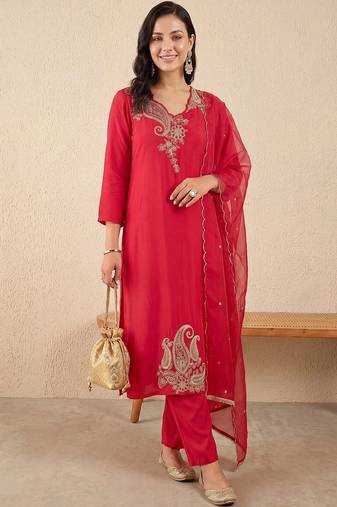 women ethnic motifs embroidered regular thread work liva kurta with trousers & with dupatta