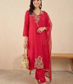 women ethnic motifs embroidered regular thread work liva kurta with trousers & with dupatta