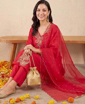 women ethnic motifs embroidered regular thread work liva kurta with trousers & with dupatta 5