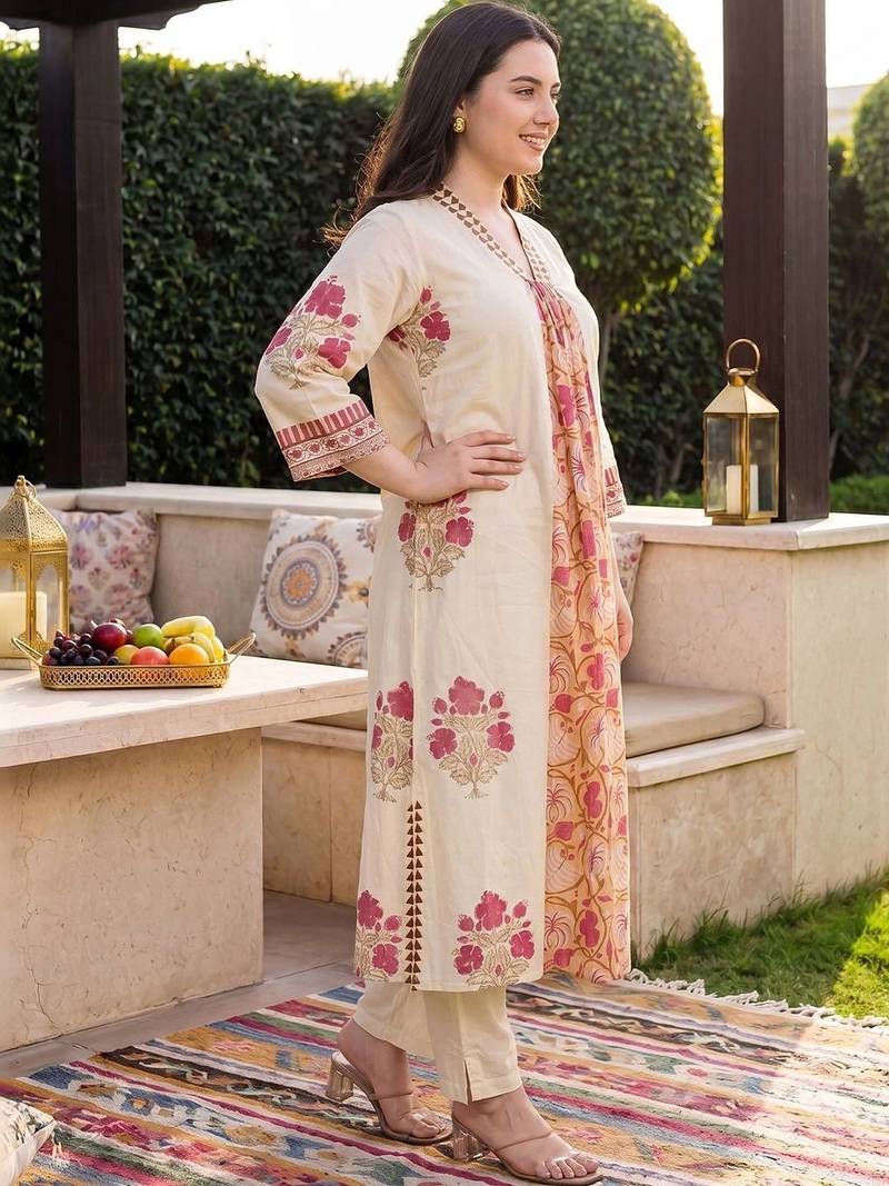 women floral printed regular cotton kurta with trousers