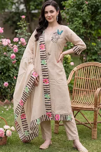 women ethnic motifs embroidered regular thread work kurta with trousers & with dupatta