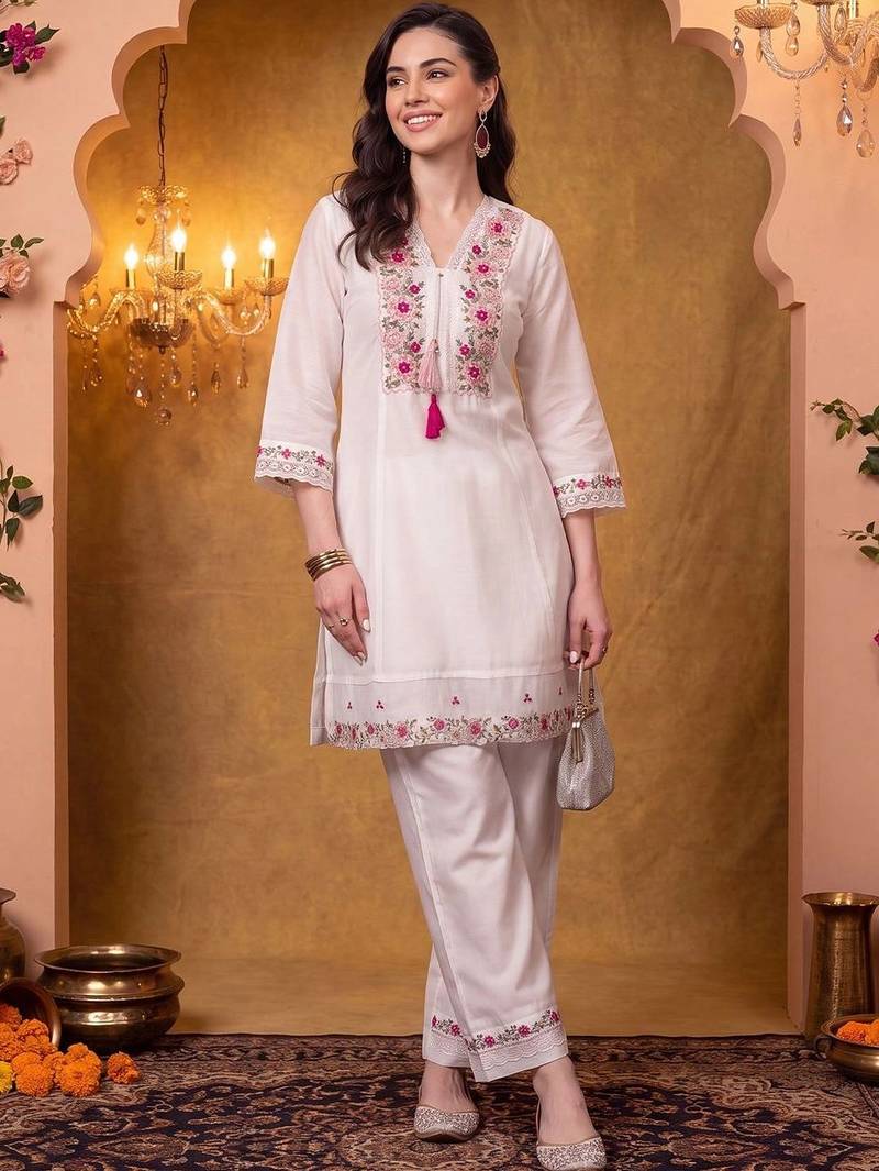 women floral embroidered regular thread work kurta with trousers