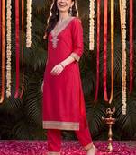 women ethnic motifs embroidered regular thread work kurta with trousers