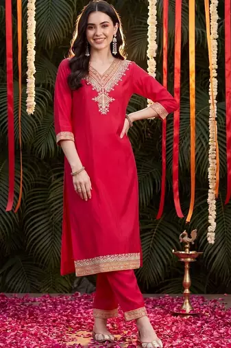 women ethnic motifs embroidered regular thread work kurta with trousers