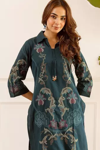 women ethnic motifs embroidered regular thread work kurta with palazzos