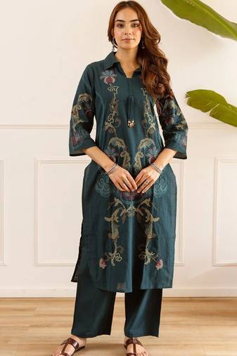 women ethnic motifs embroidered regular thread work kurta with palazzos