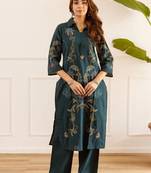 women ethnic motifs embroidered regular thread work kurta with palazzos