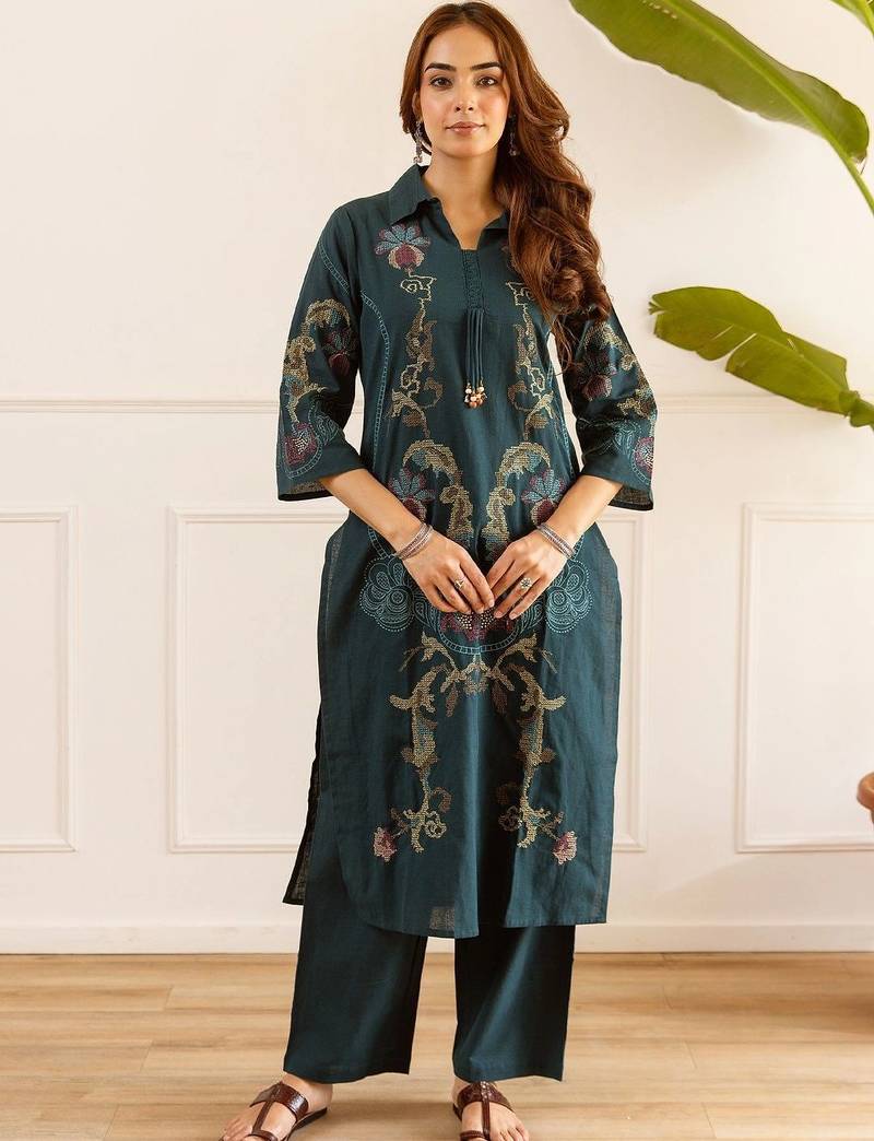 women ethnic motifs embroidered regular thread work kurta with palazzos
