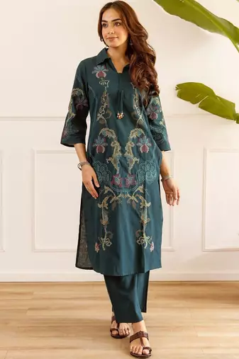 women ethnic motifs embroidered regular thread work kurta with palazzos